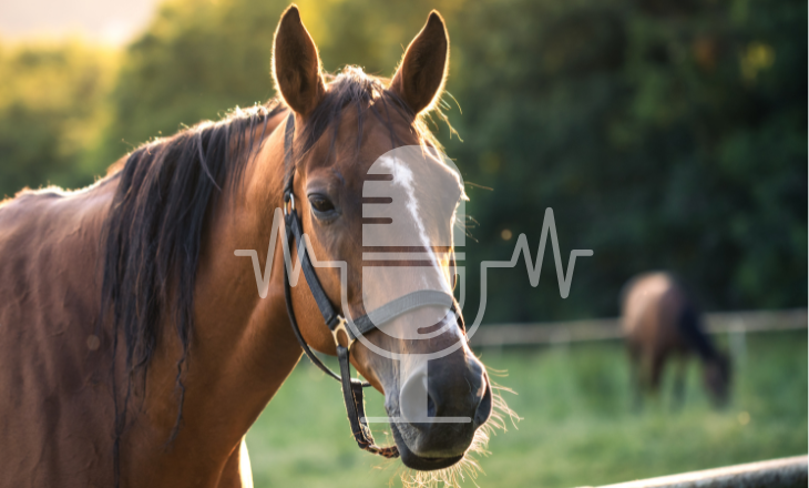 Ein braunes Pferd steht auf der Weide und schaut über den Zaun. 