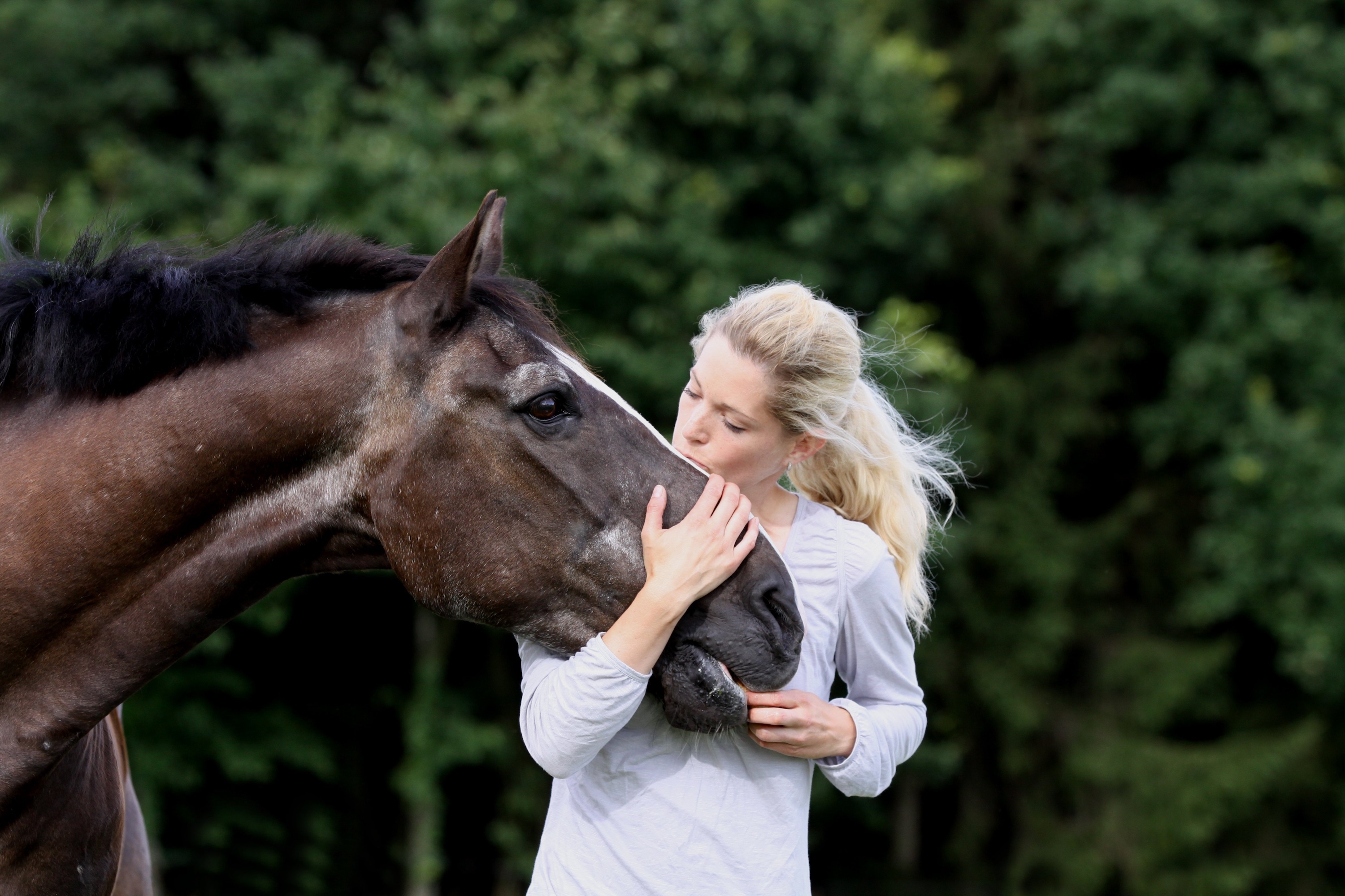 blonde Frau umarmt und küsst ein älteres Pferd