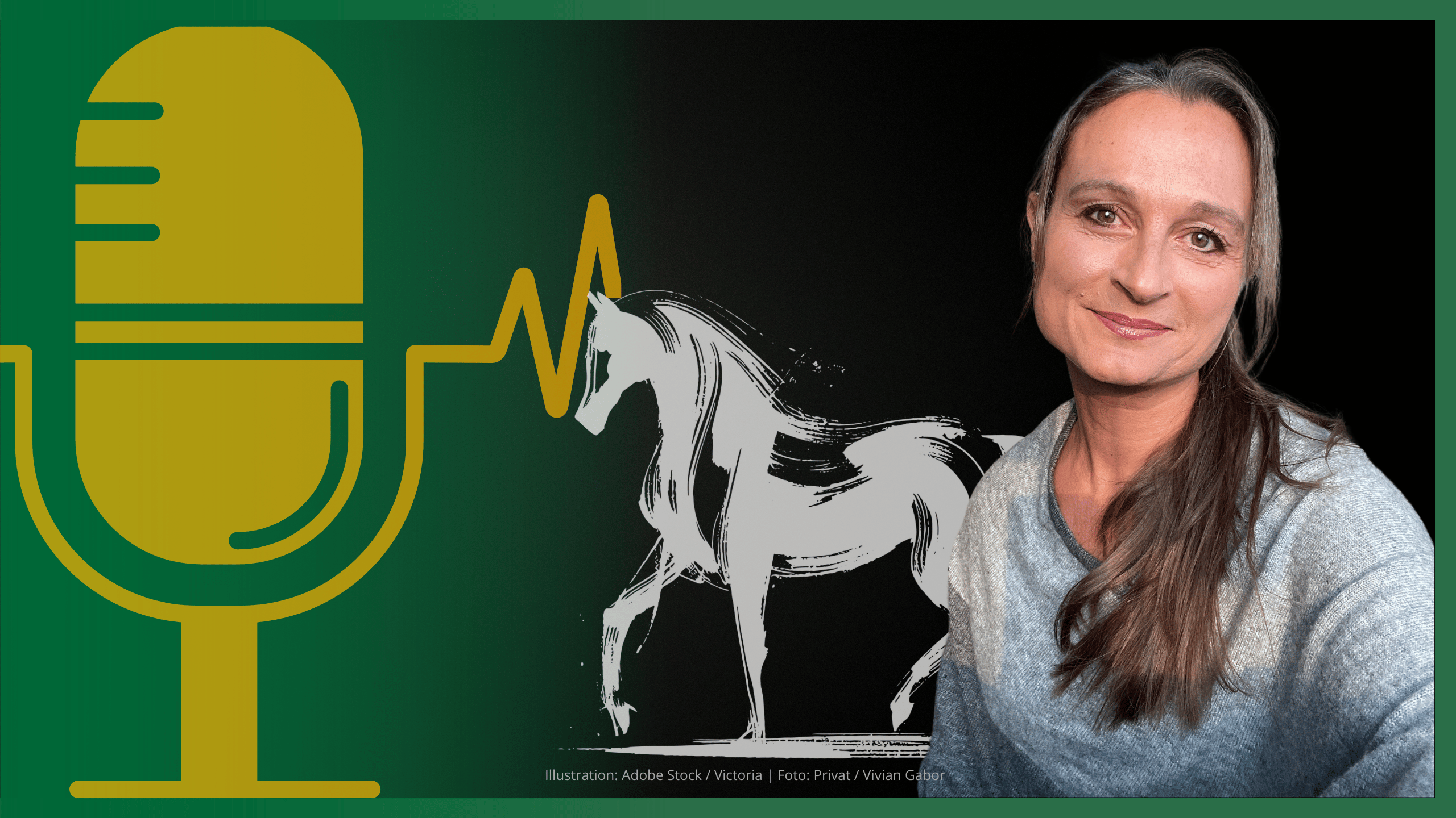 Vivian Gabor vor einem dunklem Hintergrund, auf dem sich die Shillouette eines hellen Pferdes abzeichnet