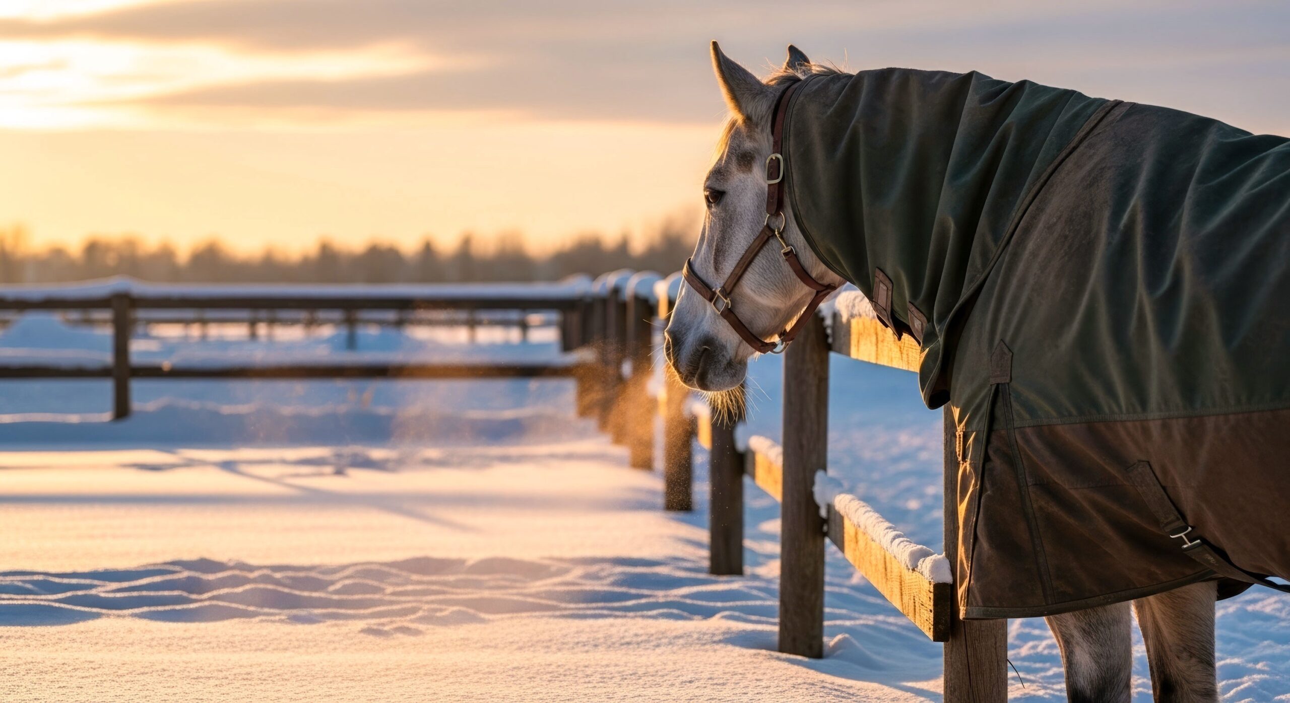 weißes Pferd mit einer Themodecke und Halsteil im Schnee auf dem Paddock